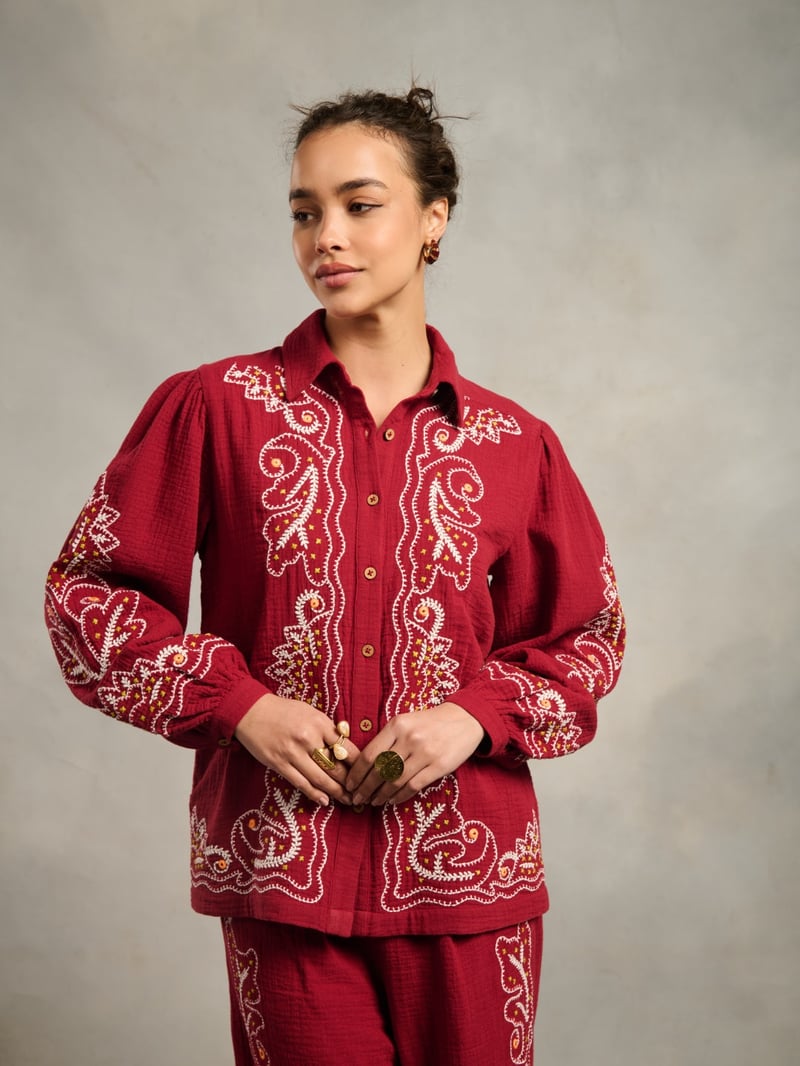 Maroon Embroidered Cotton Button-Down Shirt