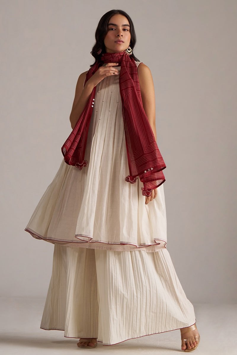 Ivory and Maroon Pure Chanderi A-Line Kurta Set