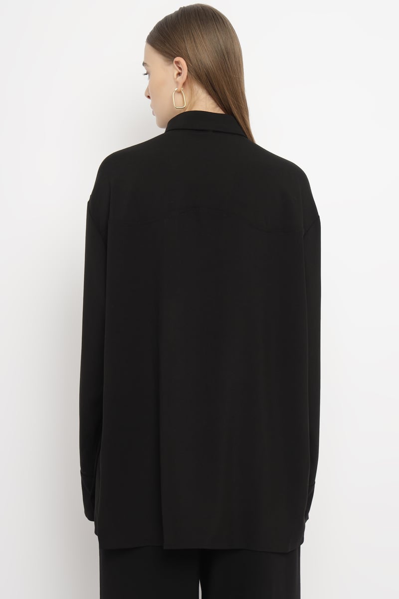 Black Oversized Swan Embroidered Shirt with Satin Necktie