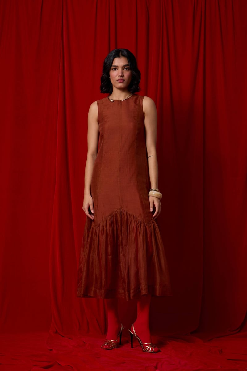 Copper Sleeveless A-Line Tiered Midi Dress