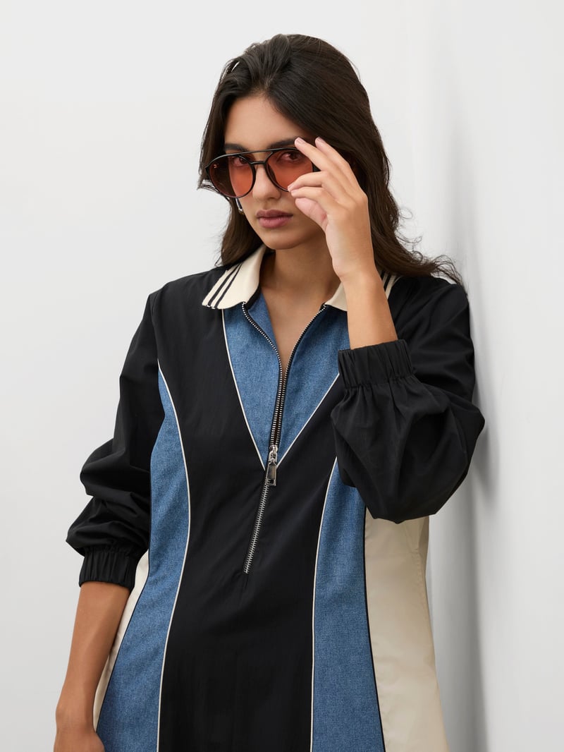 Black Colourblock Zip-Front Midi Dress
