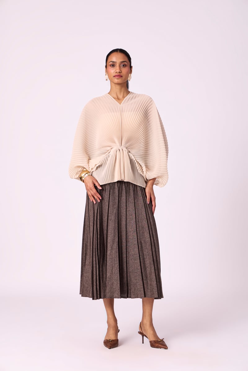 Cream Pleated Kaftan-Inspired V-Neck Batwing Top