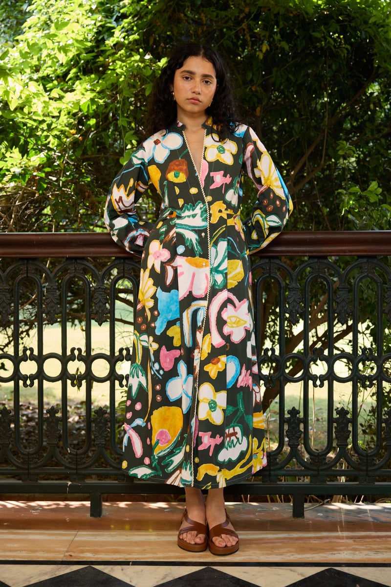 Deep Green Tropical Floral Button-Front Midi Dress — HAPPI SPACE