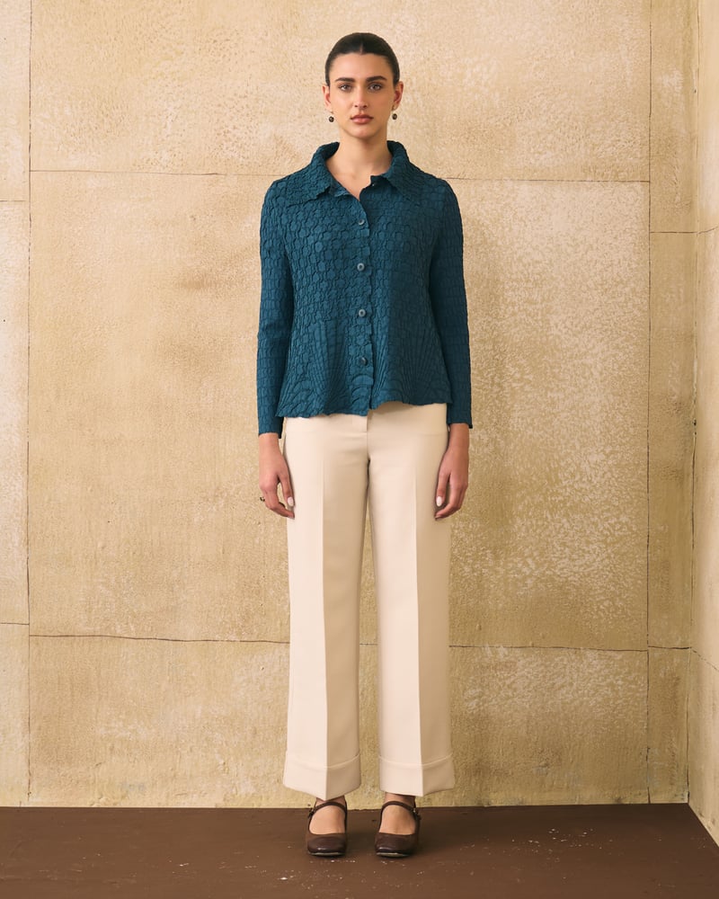 Blue Textured Button-Down Shirt with Collar