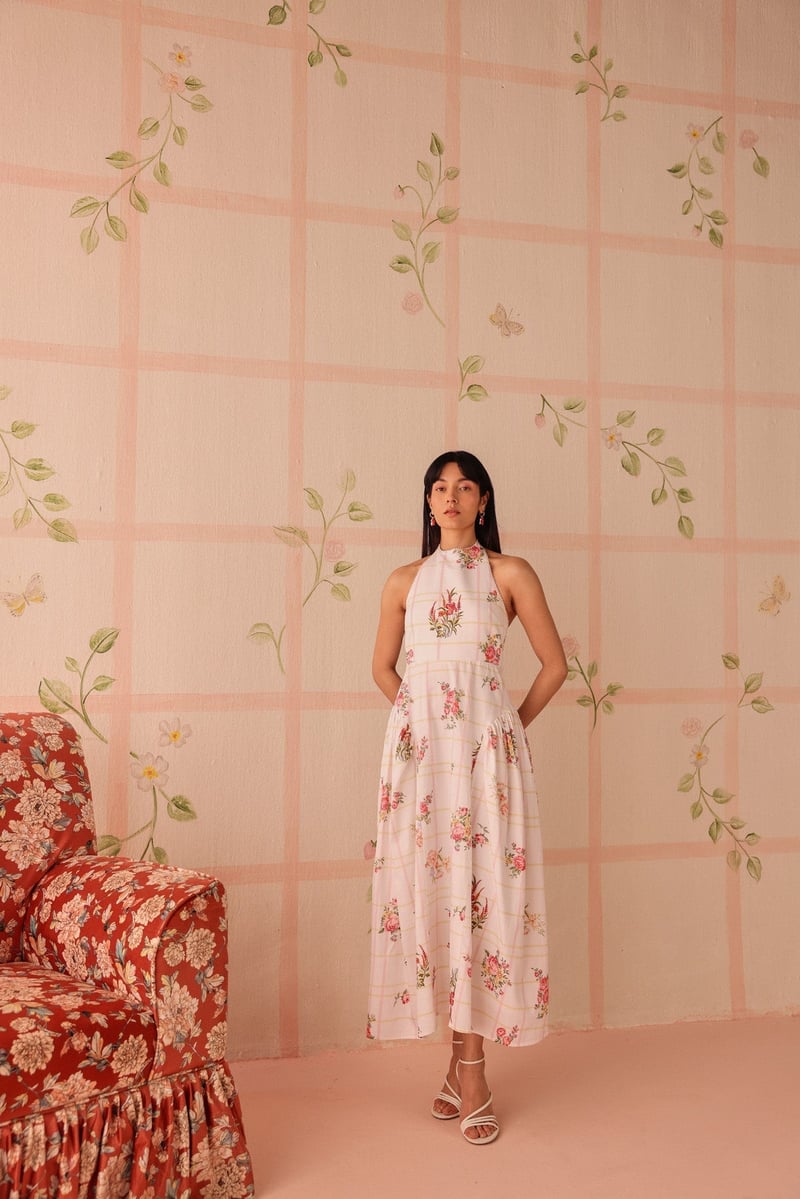 White Floral Check Halter Neck Maxi Dress — Sage by Mala