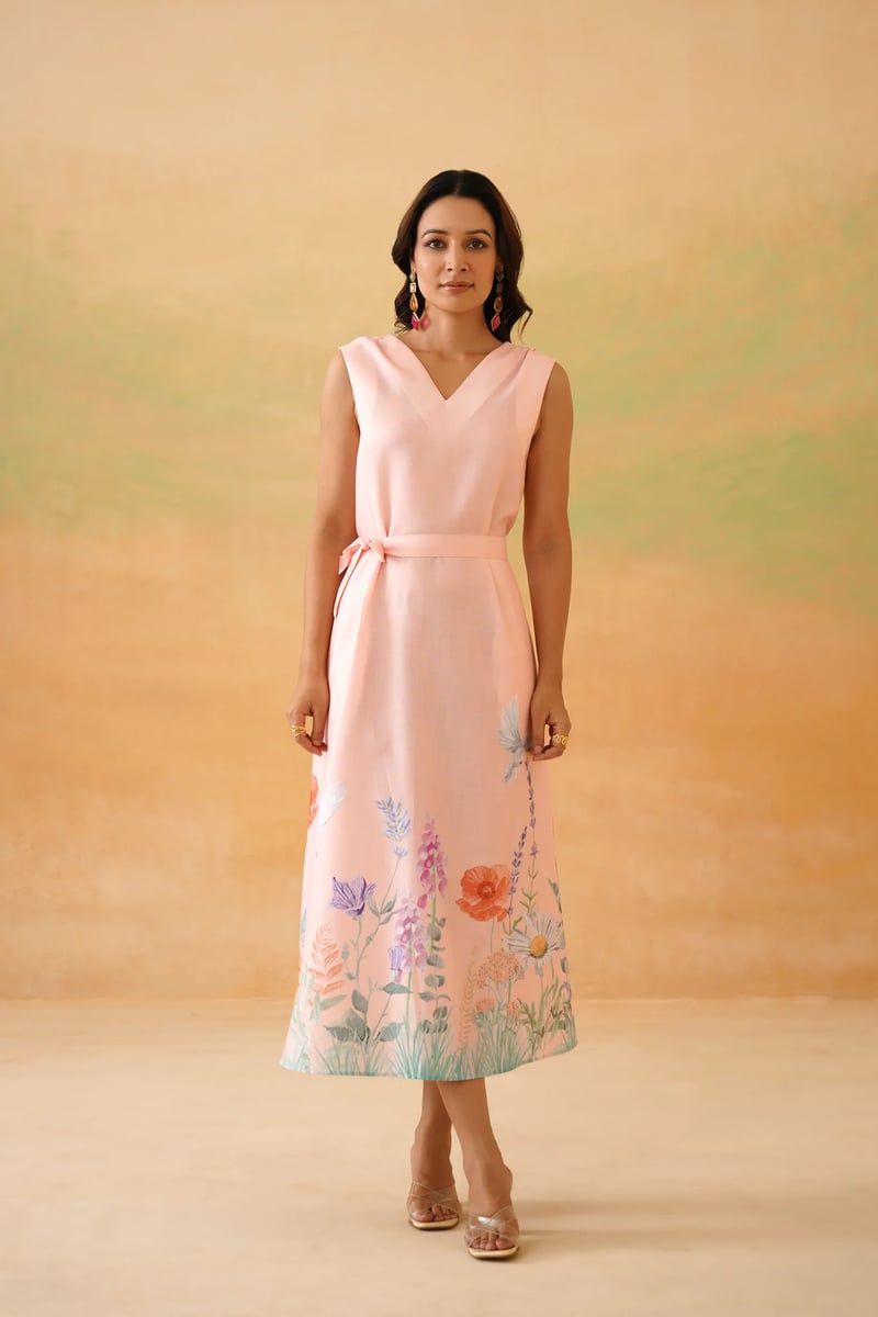 Peach V-Neck Sleeveless Midi Dress with Waist Tie
