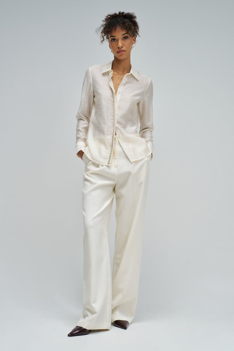 Light Beige Embellished Placket Button-Down Shirt