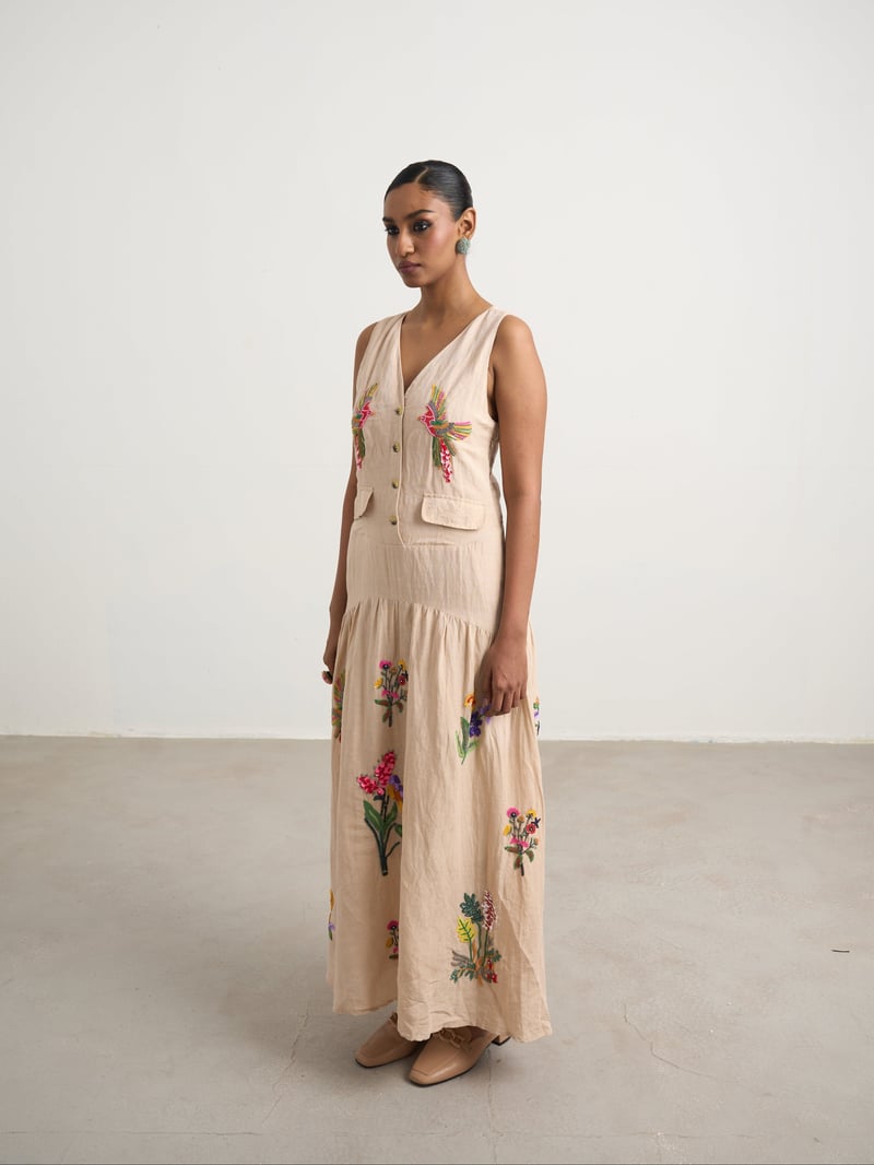 Beige Linen Hand-Embroidered Button-Front Maxi Dress