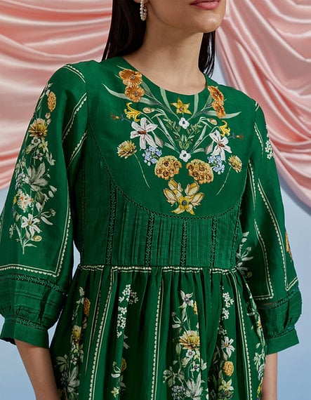 Forest Green Floral Maxi Dress with Embroidered Yoke