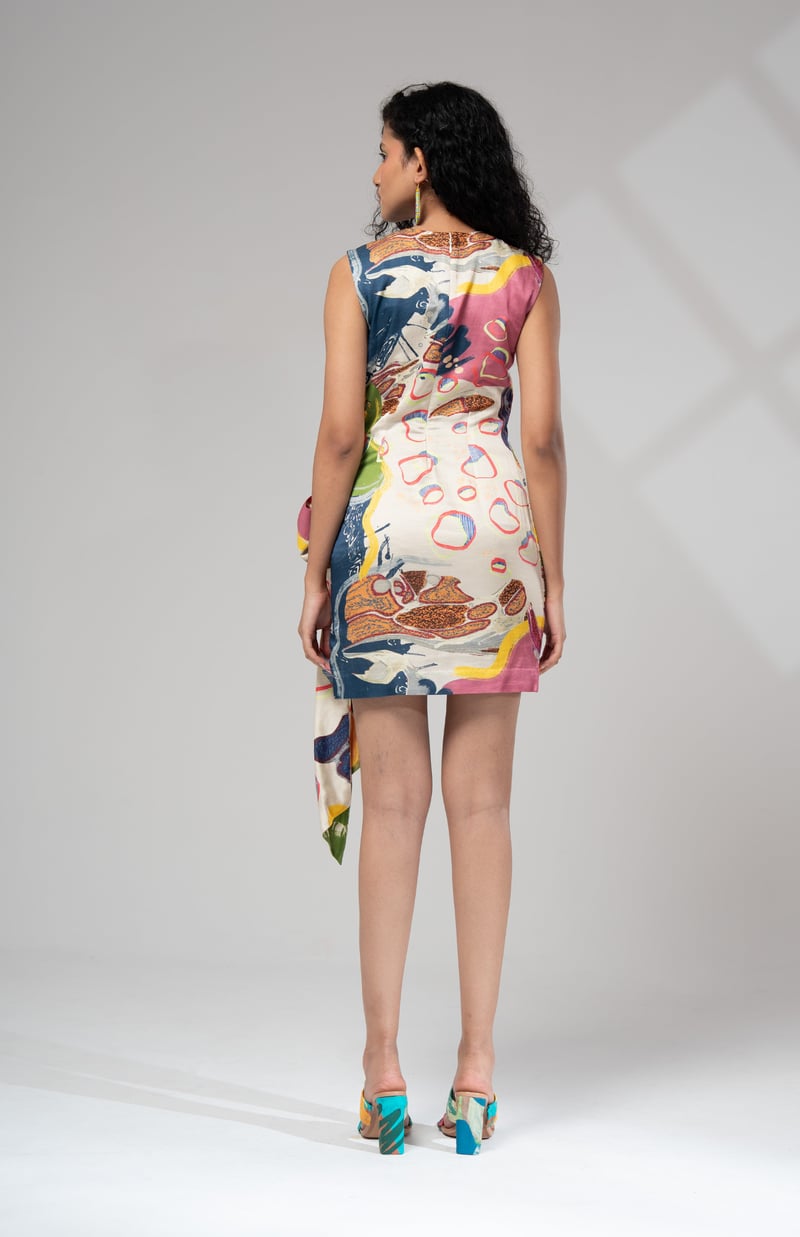 Multicolour Abstract Printed Tie-Up Mini Dress