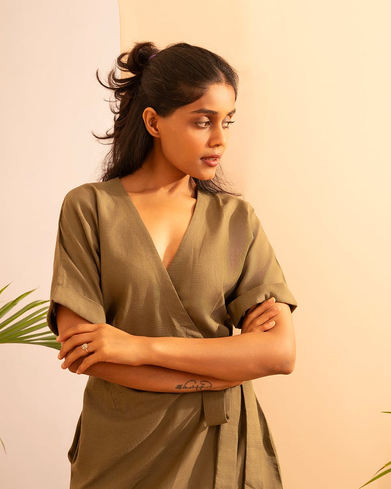 Olive Green Linen-Blend Mini Wrap Dress with Pockets
