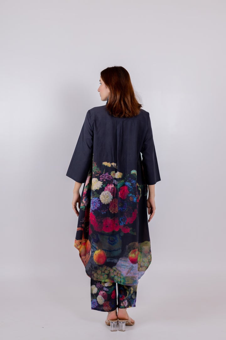 Black Printed Cambric Tunic and Pants Set
