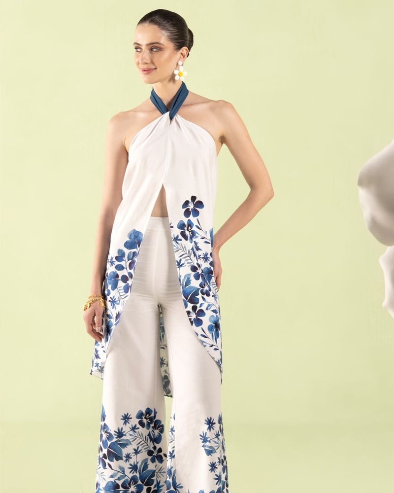 Blue/White Halter Top and Wide-Leg Pants Co-ord Set