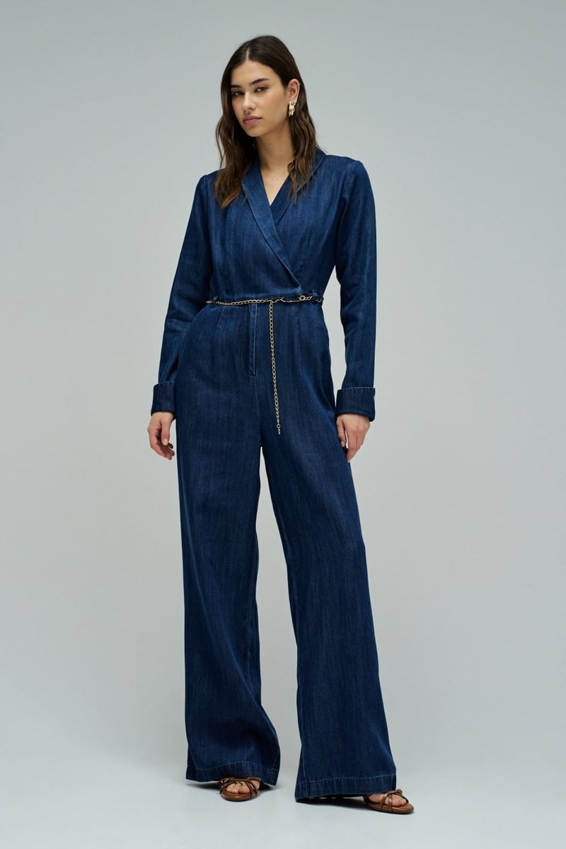 Dark Wash Wrap V-Neck Wide-Leg Jumpsuit