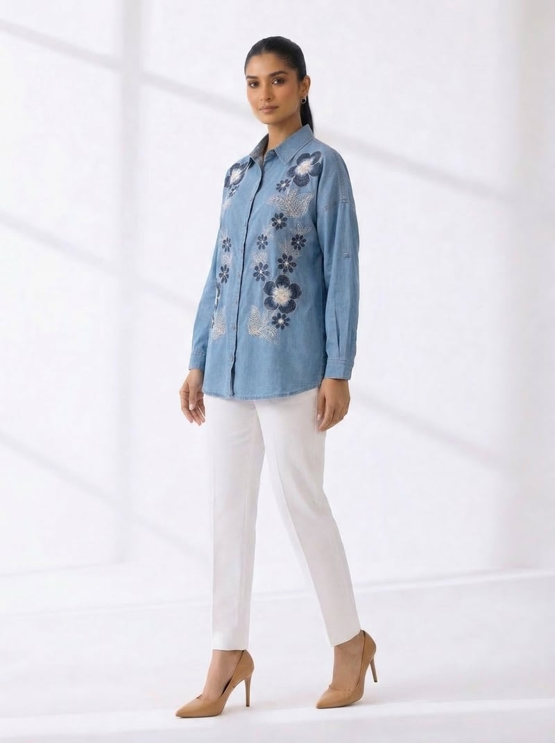 Blue Cotton Floral Button-Down Shirt