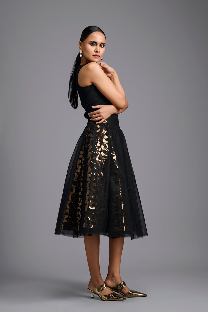 Black and Gold Metallic Cutwork Midi Skirt