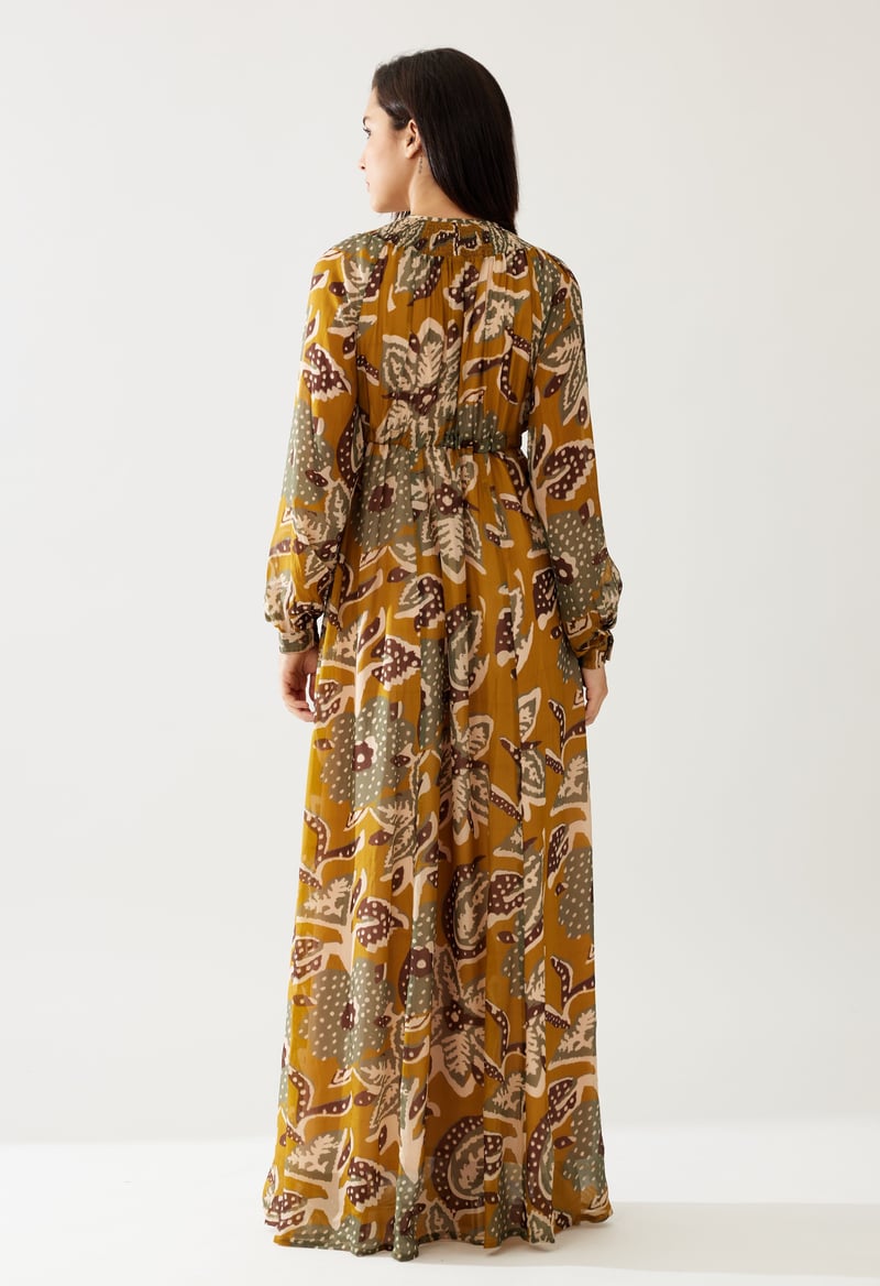 Mustard And Olive Floral Kaftan Dress