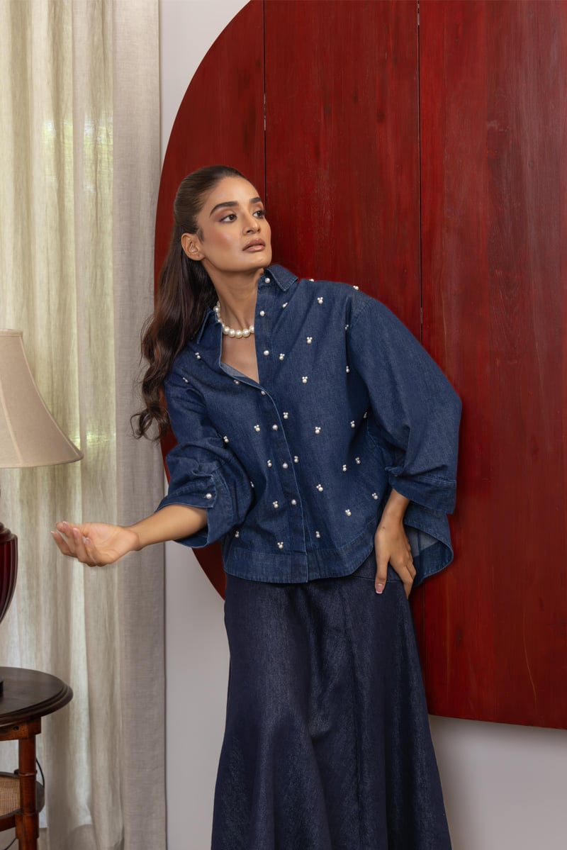 Dark Blue Denim Boxy Shirt with Pearl Accents