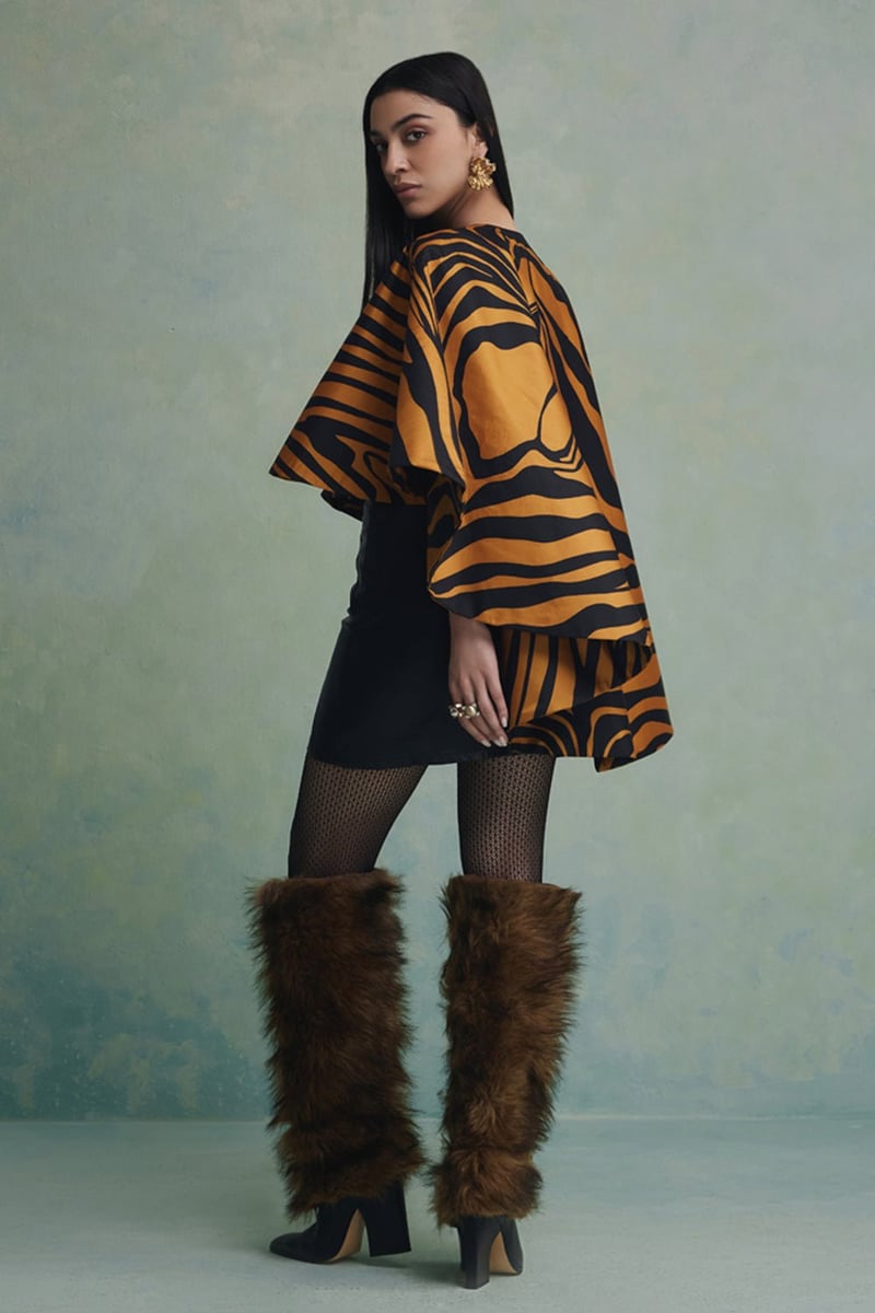 Black/Yellow Tiger Print High-Low Cape Jacket