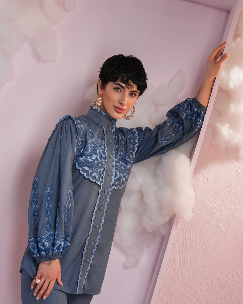 Denim Embroidered Shirt and Flared Pants Co-ord Set