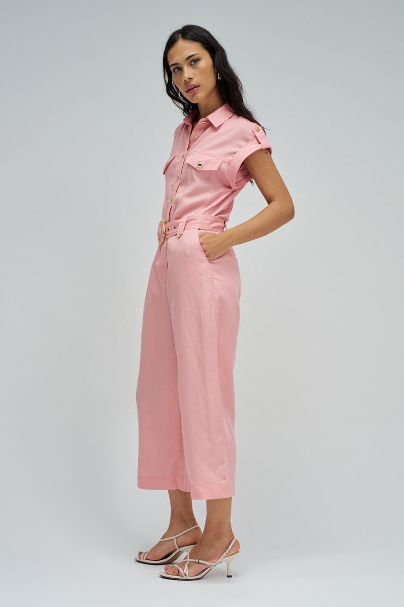 Medium Pink Light Denim Button-Front Belted Jumpsuit