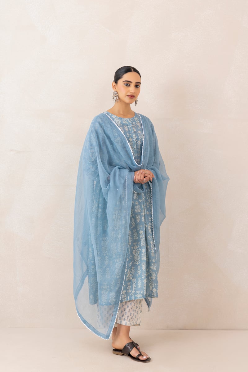 Baby Blue Floral Printed Cotton Slub Kurta Set with Dupatta