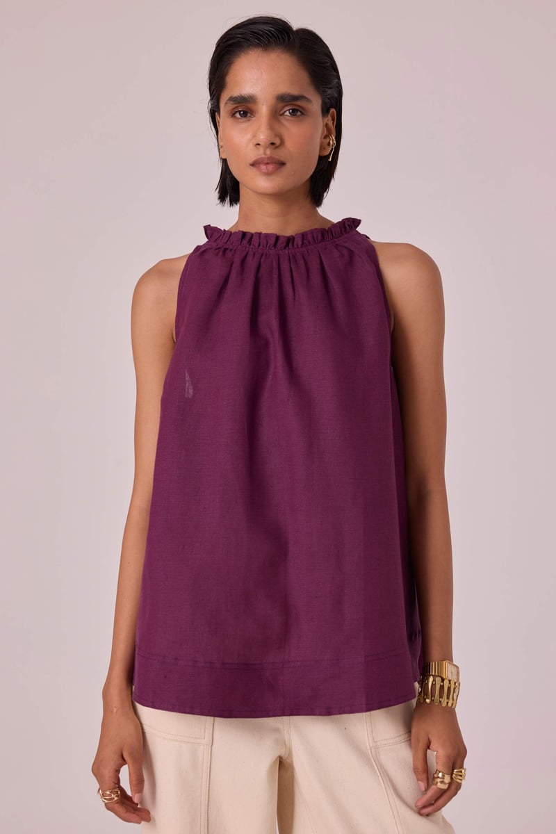 Purple Linen Halter Neck Flowy Top with Ruffle Neckline