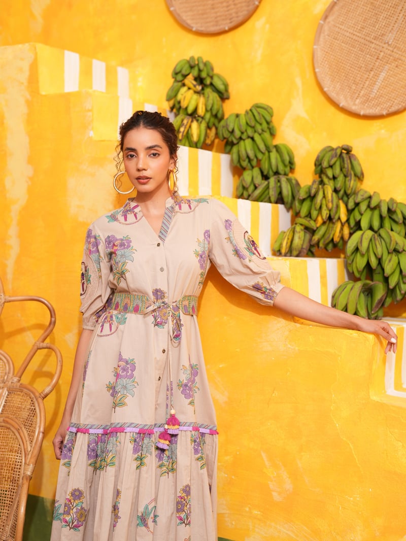 Dusty Lilac Tropical Printed Belted Tiered Midi Dress