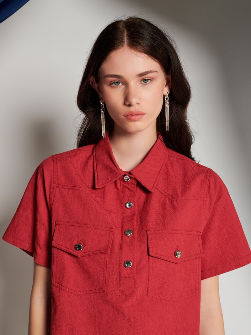 Red Textured Cotton Boxy Utility Shirt