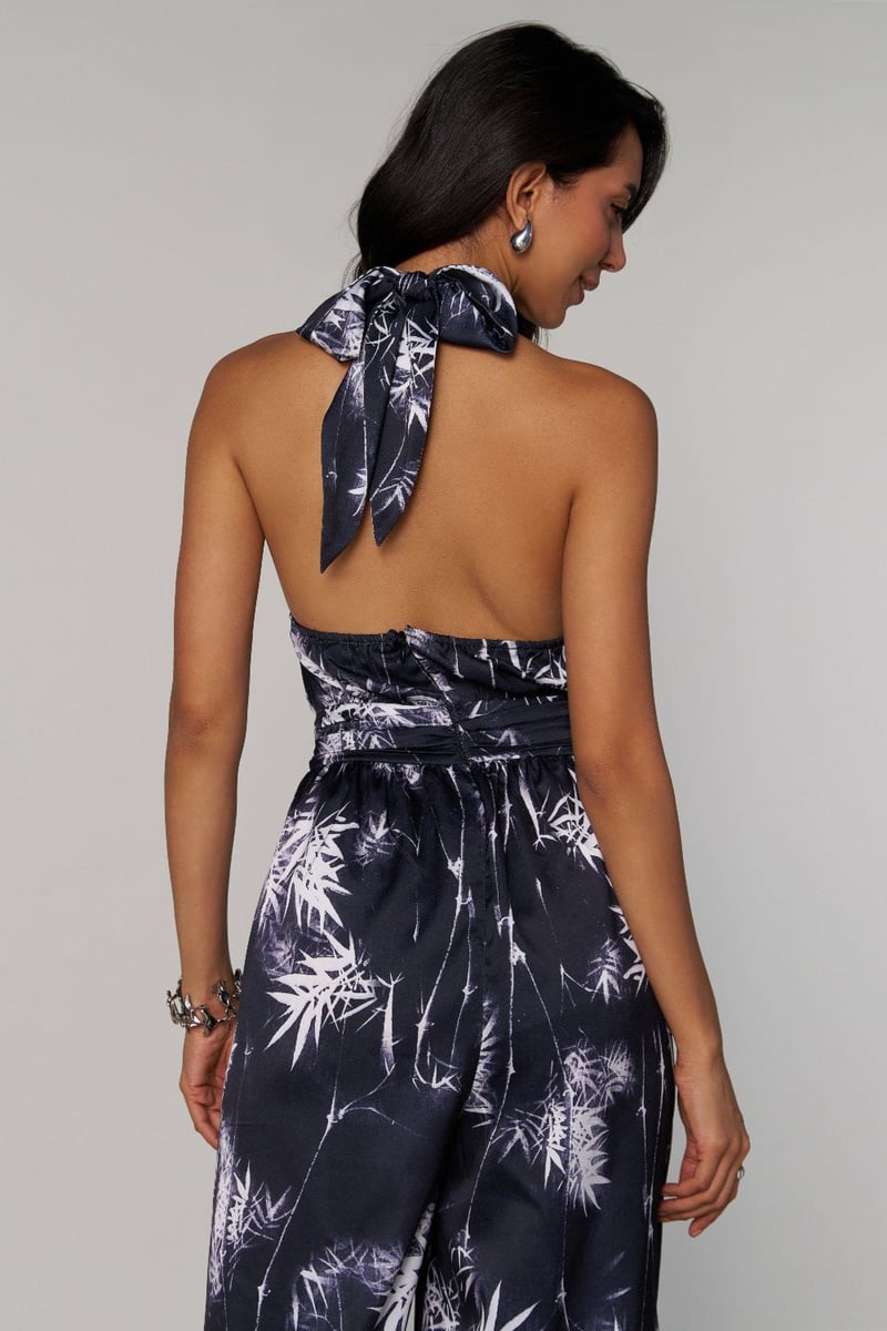 Black Satin Halter Neck Bamboo Print Wide-Leg Jumpsuit