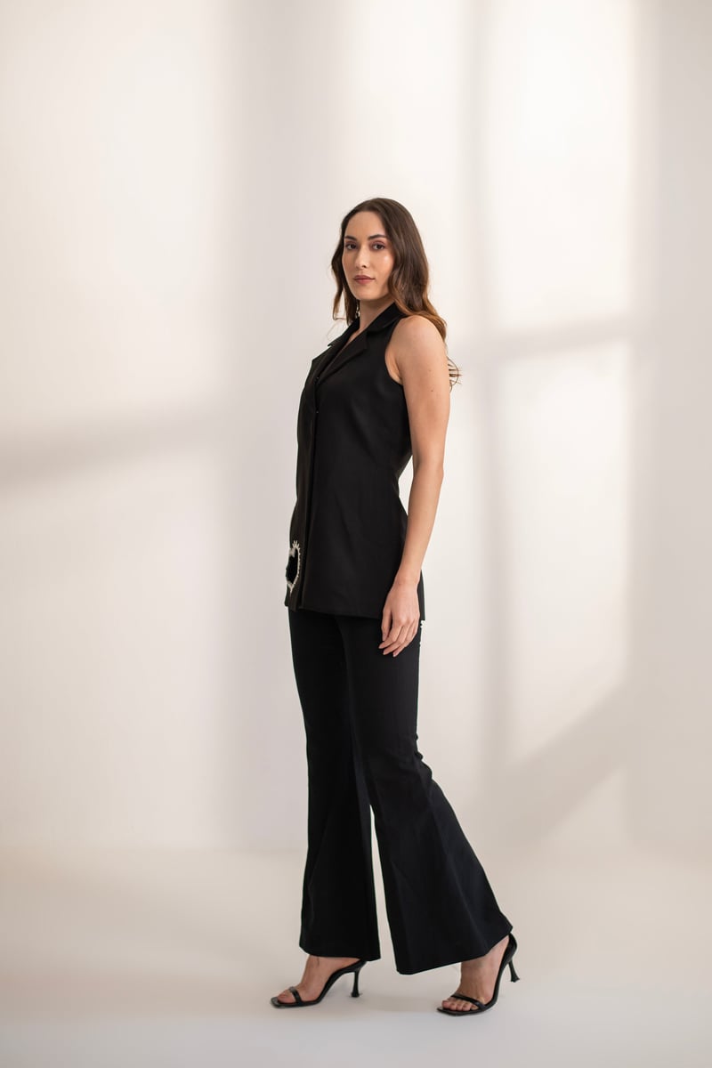 Black Lapel-Collar Top and Flared Pants Co-ord Set