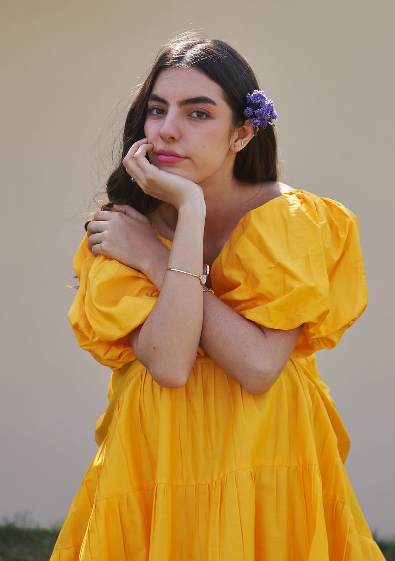Mango Yellow Tiered Smocked Midi Dress with Detachable Sleeves