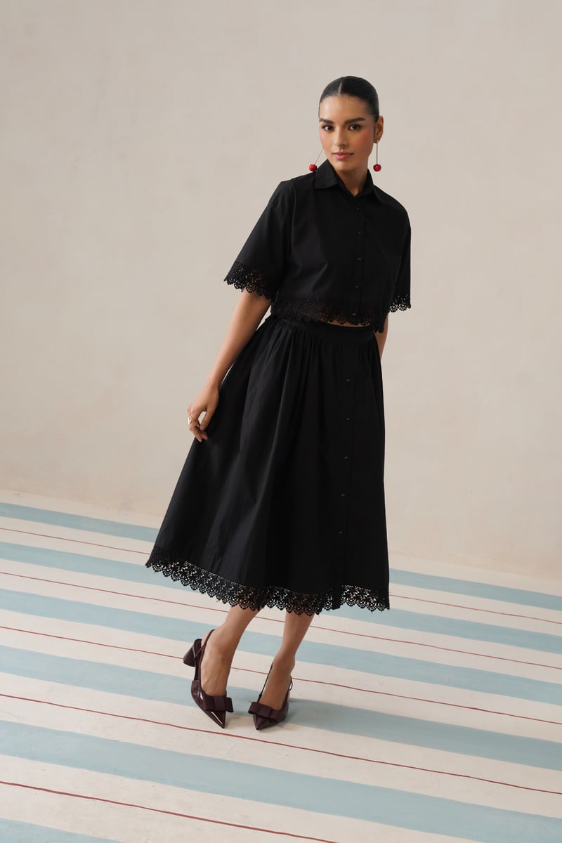 Black Cotton Co-ord Set with Cropped Shirt and Midi Skirt — Armoire
