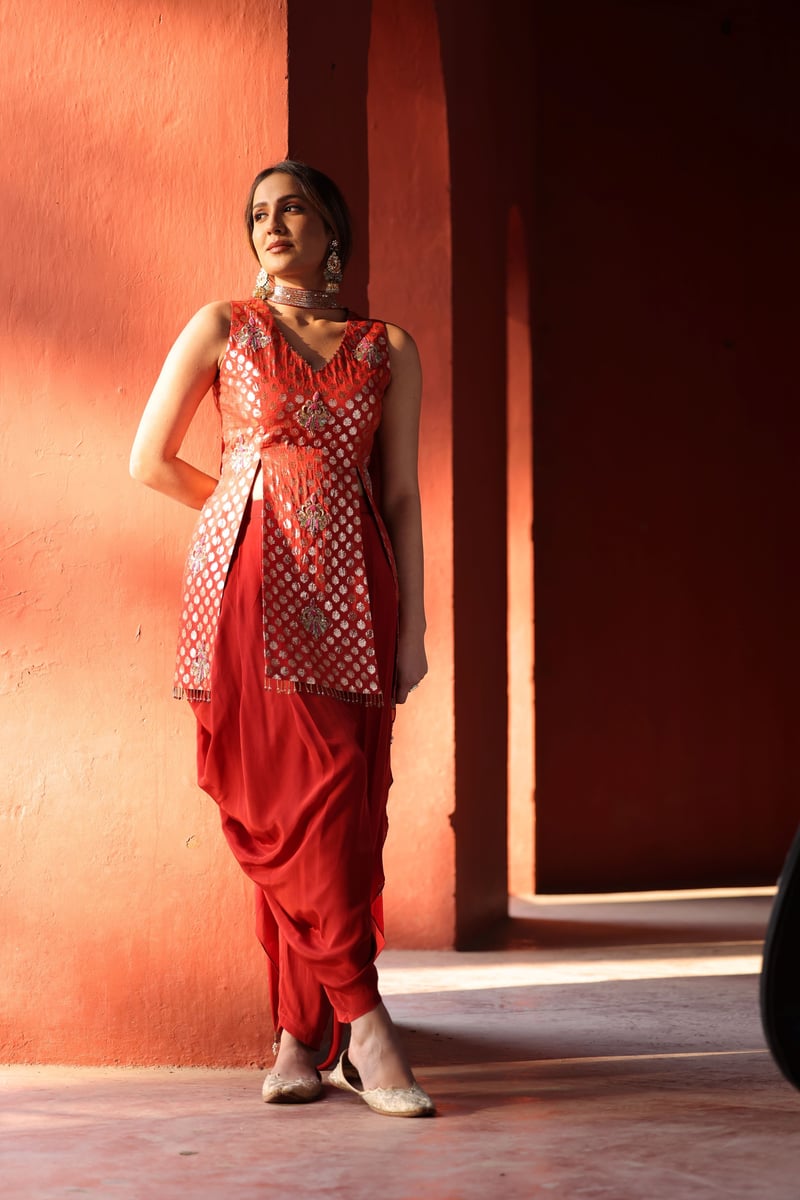 Red Chanderi Silk Suit