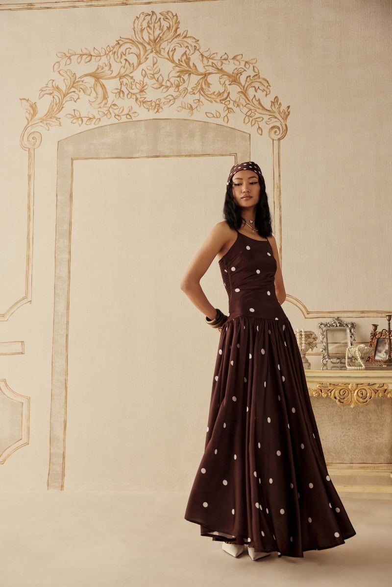 Brown Polka Dot Maxi Dress with Smocked Back