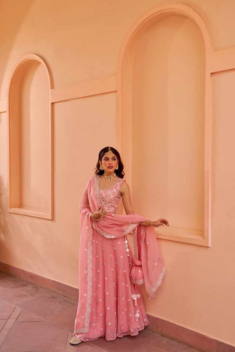 Pink Organza Embroidered Lehenga Set with Dupatta