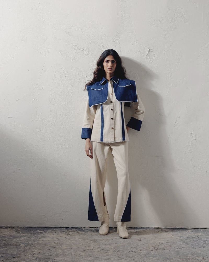 Blue and White Colorblocked Denim Shirt with Shoulder Flap