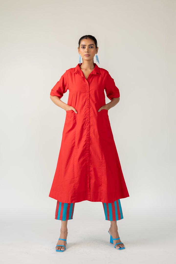 Scarlet Stride Shirt Dress With Striped Pants