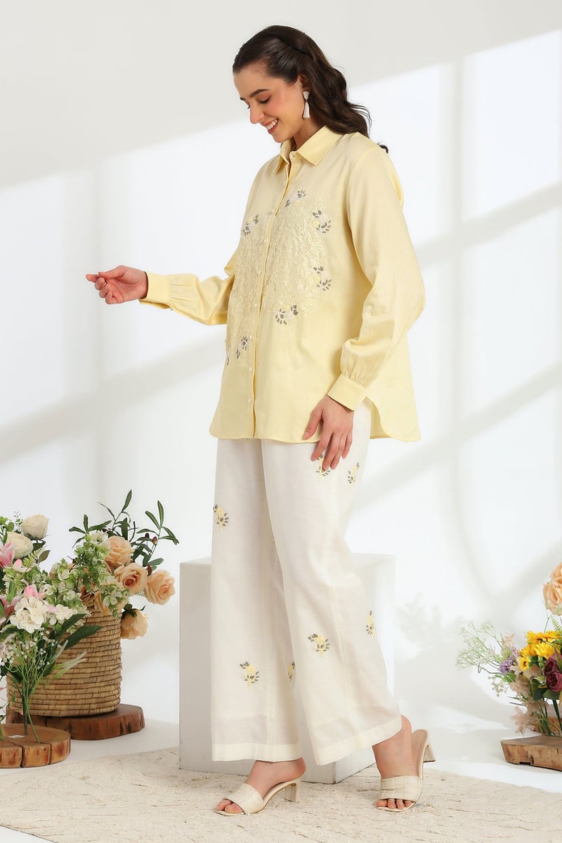 Butter Yellow Embroidered Button-Down Shirt