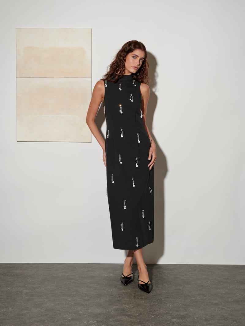 Black Embellished High-Neck Midi Column Dress