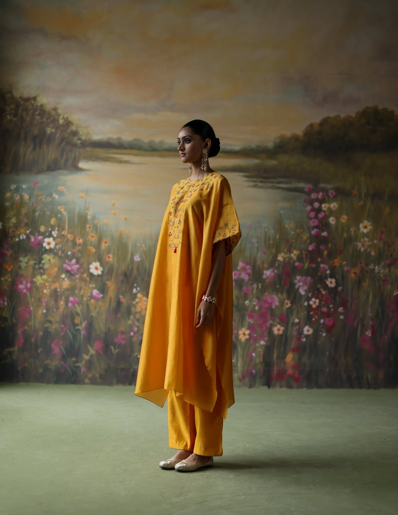 Turmeric Silk Chanderi Kaftan Co-ord Set with Slip