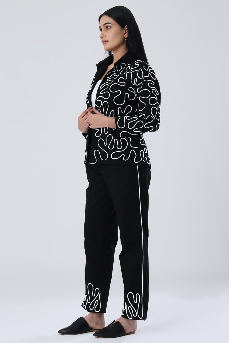 Black Organic Cotton Twill Blazer with White Dori Work
