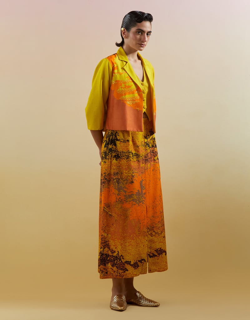Yellow Colorblocked Jacket and Abstract Skirt Co-ord Set