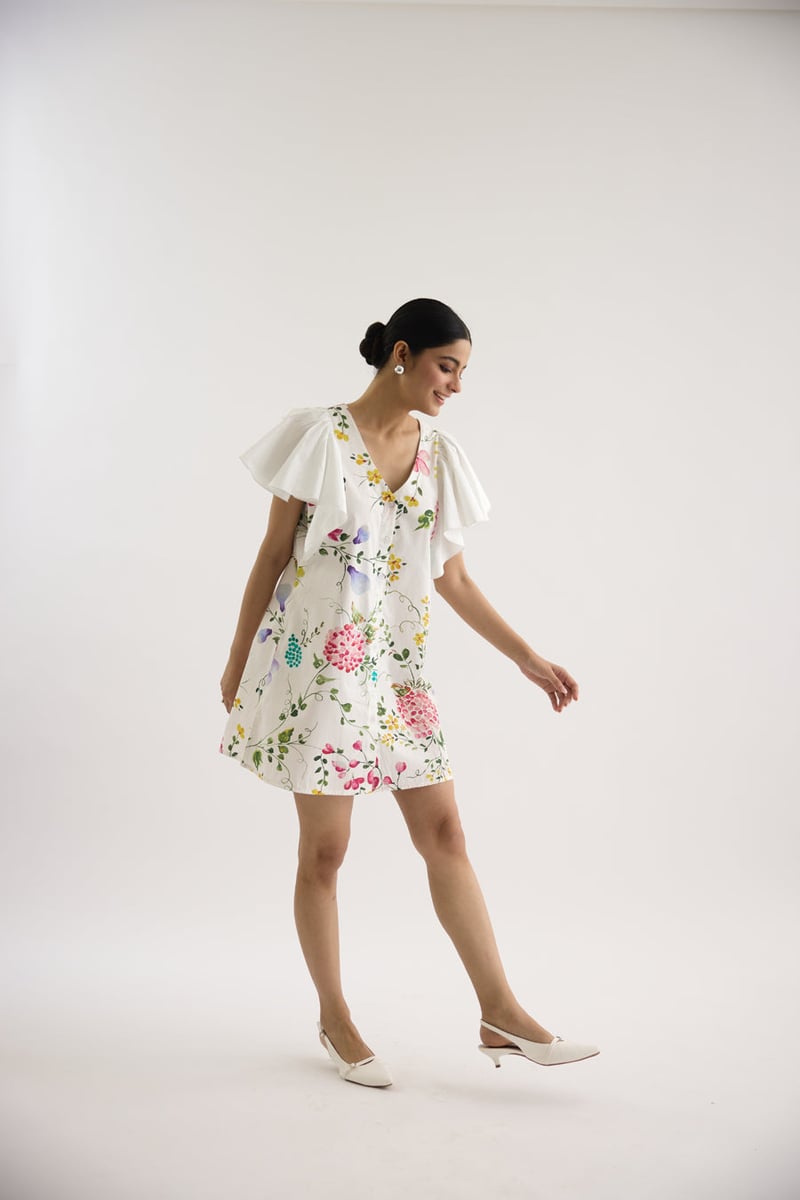 White Floral Printed Mini Dress with Flutter Sleeves