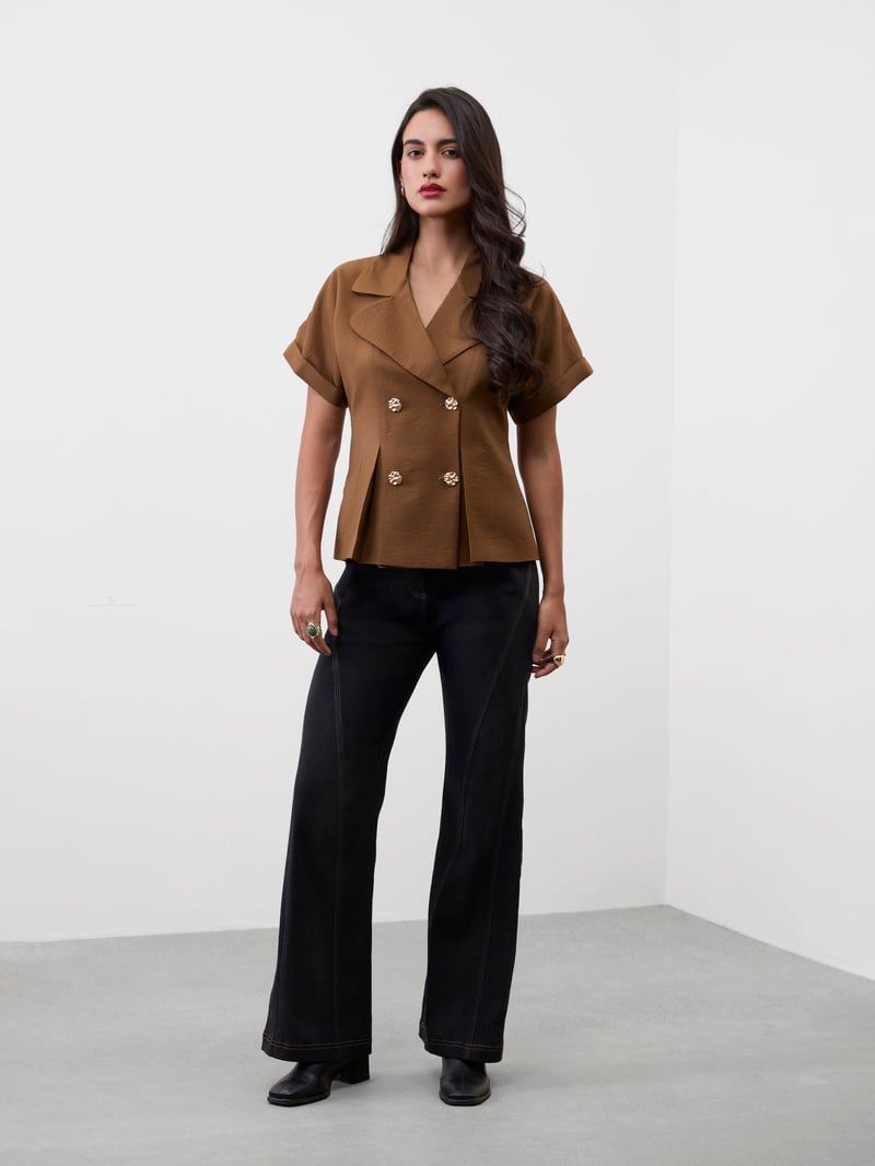 Mocha Double-Breasted Lapel Collar Trench-Style Top