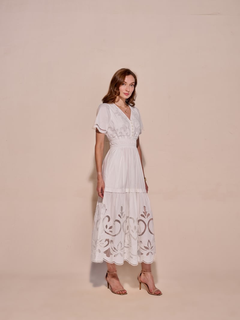 White Cotton Tiered Midi Dress with Cutwork — Style Island