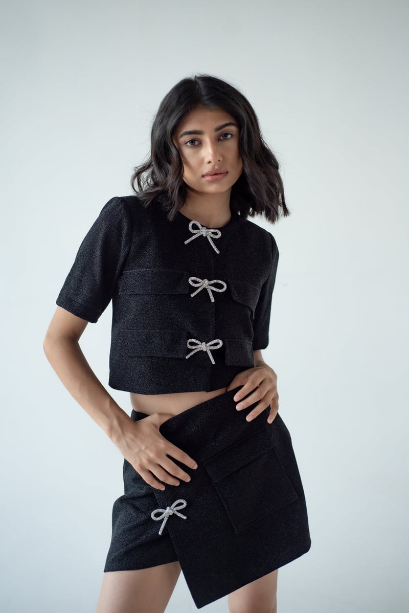 Black Cropped Glitter Jacket with Rhinestone Bow Details