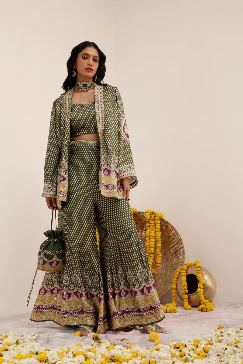 Olive Green Printed Blazer, Blouse and Sharara Co-ord Set