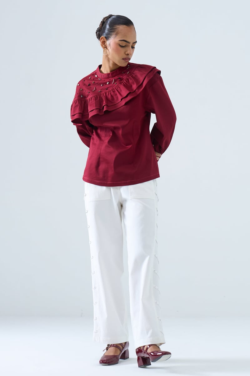 Maroon Ruffle Yoke Sequin Detail Full Sleeve Top