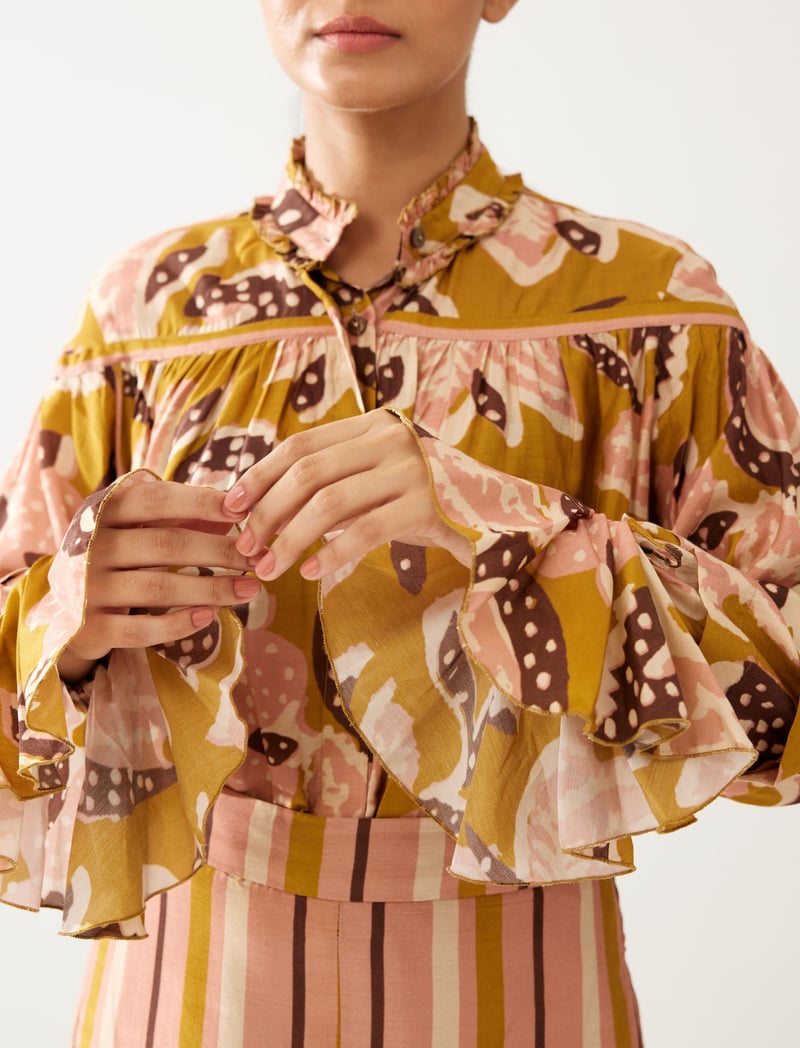 Mustard And Pink Floral Frill Collar Shirt